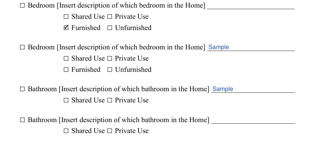 Family Member Rental Agreement: Initial, Description of bedroom and more, filled with sample entries