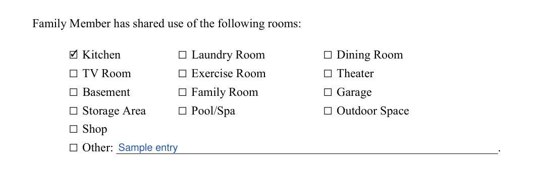 Family Member Rental Agreement: Family Member has shared use of the following rooms, filled with sample entries
