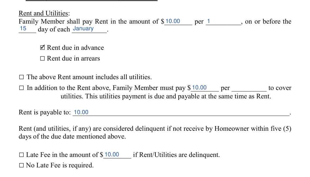 Family Member Rental Agreement: Rent and Utilities, filled with sample entries
