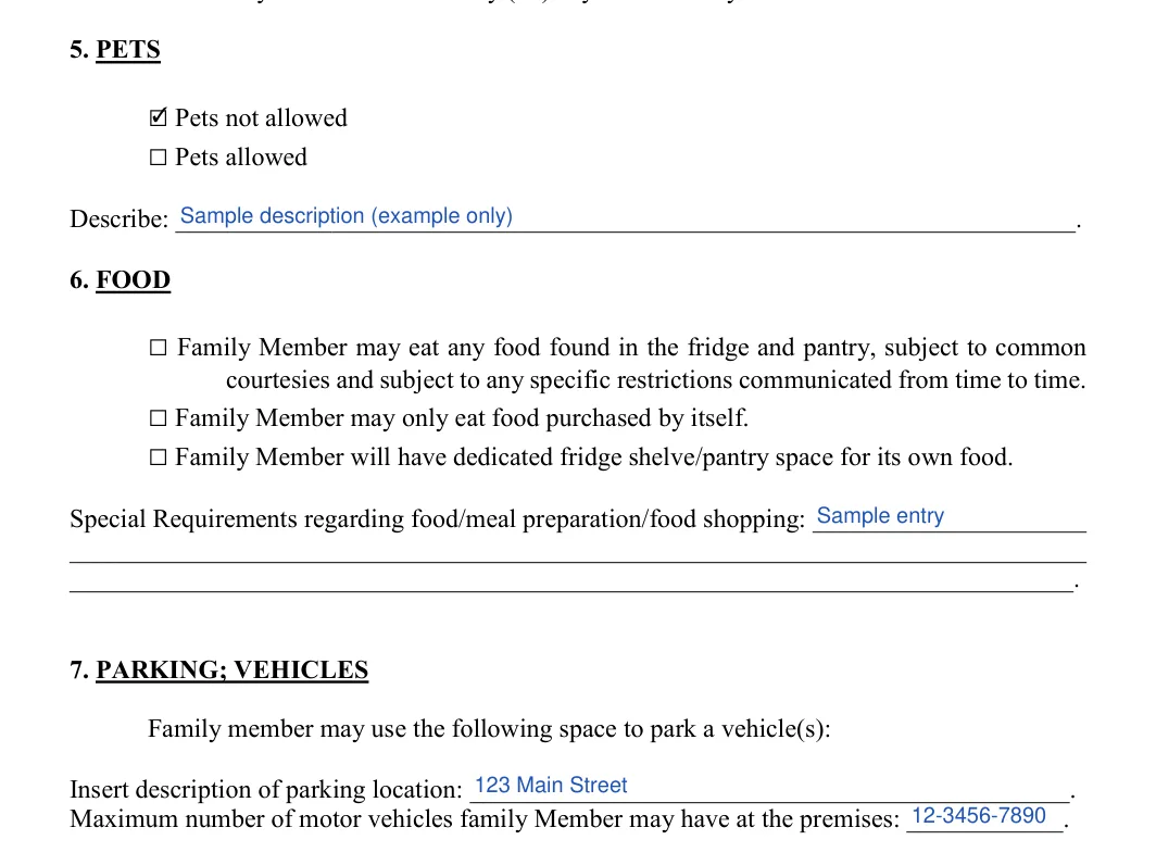 Family Member Rental Agreement: 5. PETS, filled with sample entries