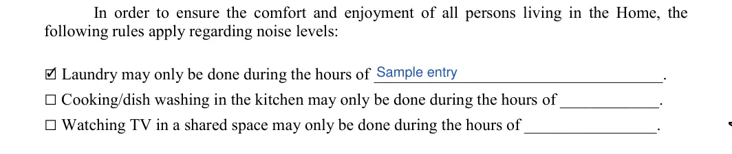 Family Member Rental Agreement: following rules apply regarding noise levels, filled with sample entries