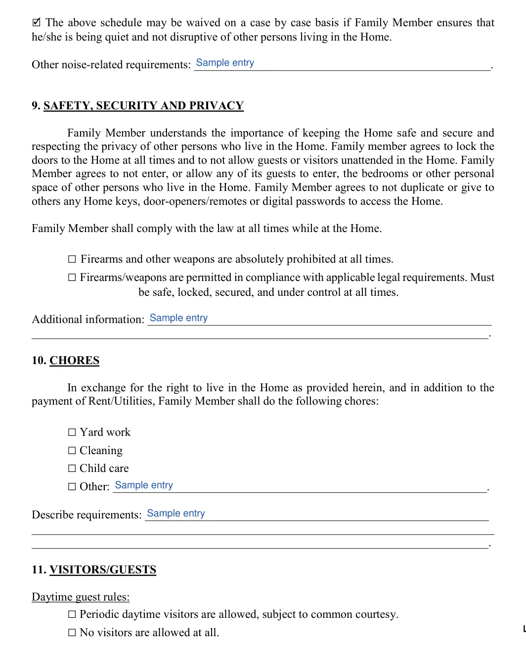 Family Member Rental Agreement: Daytime guest rules, filled with sample entries