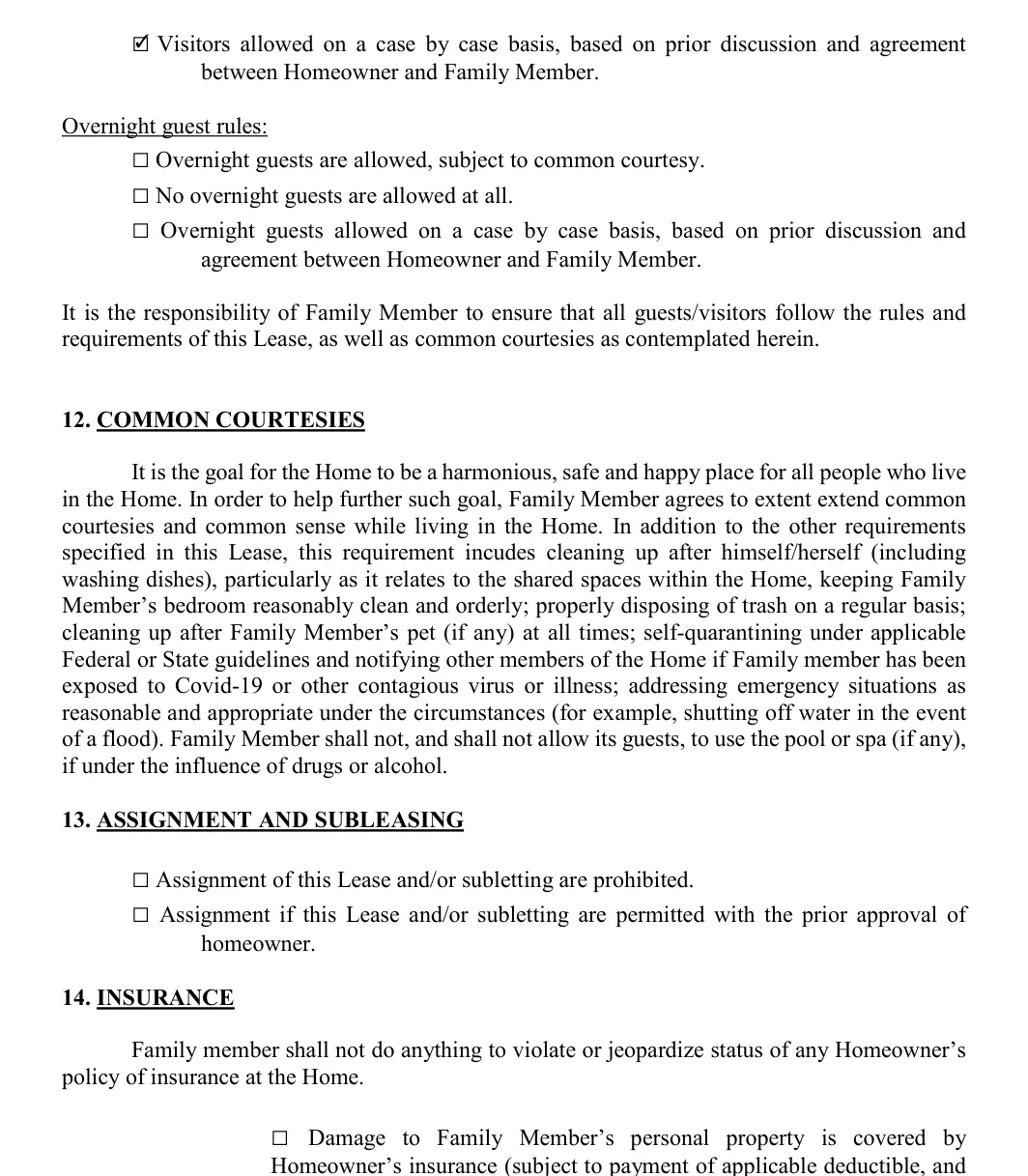 Family Member Rental Agreement: Overnight guest rules, filled with sample entries