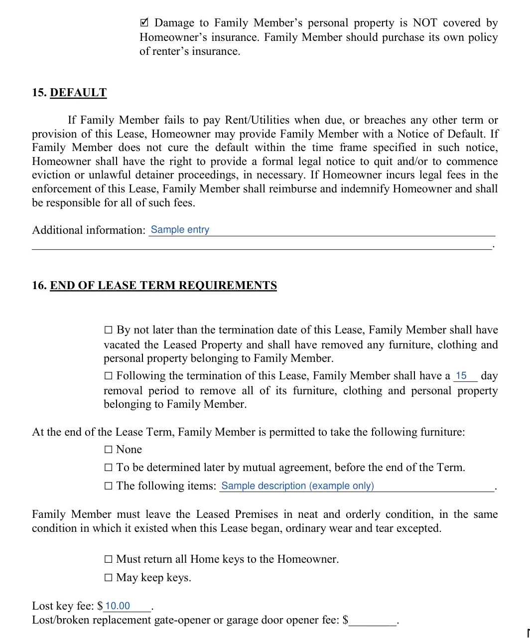 Family Member Rental Agreement: 16. END OF LEASE TERM REQUIREMENTS, filled with sample entries