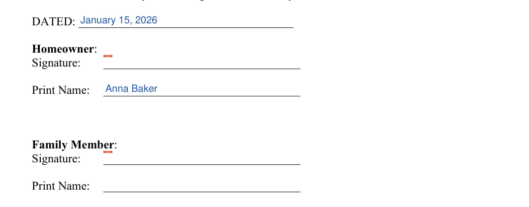 Family Member Rental Agreement: Signature, filled with sample entries