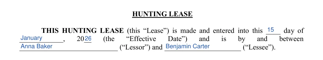 Hunting Lease Agreement: HUNTING LEASE, filled with sample entries