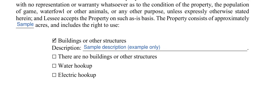 Hunting Lease Agreement: Acres, Initial and more, filled with sample entries