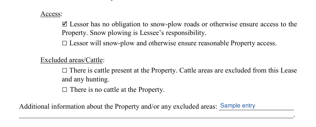 Hunting Lease Agreement: Access, filled with sample entries