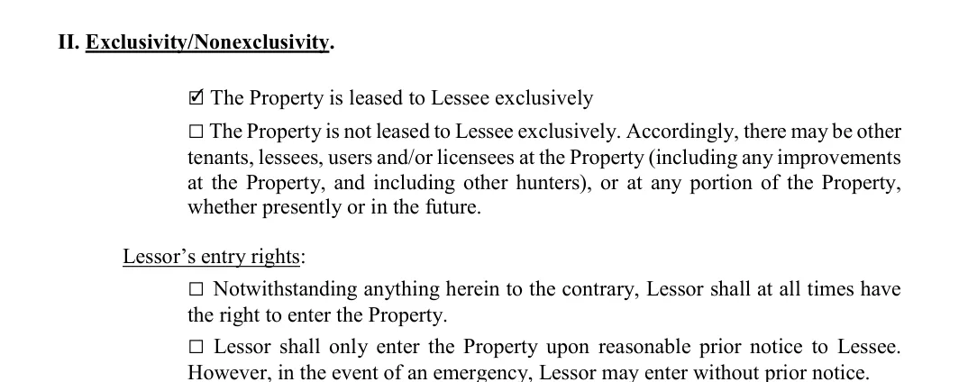 Hunting Lease Agreement: II. Exclusivity/Nonexclusivity, filled with sample entries