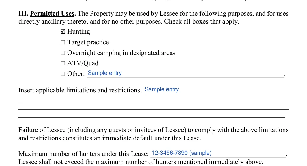 Hunting Lease Agreement: Initial, Other and more, filled with sample entries