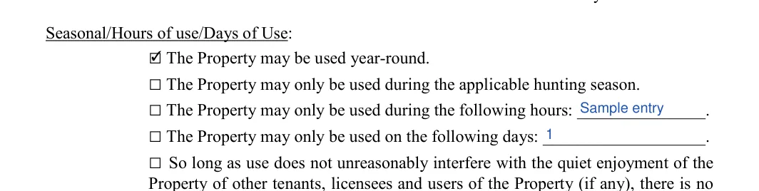 Hunting Lease Agreement: Seasonal/Hours of use/Days of Use, filled with sample entries