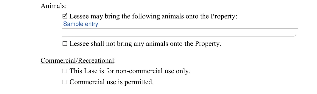 Hunting Lease Agreement: □ Lessee may bring the following animals onto the Property, filled with sample entries