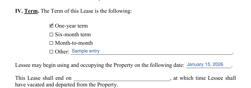 Hunting Lease Agreement: IV. Term. The Term of this Lease is the following, filled with sample entries
