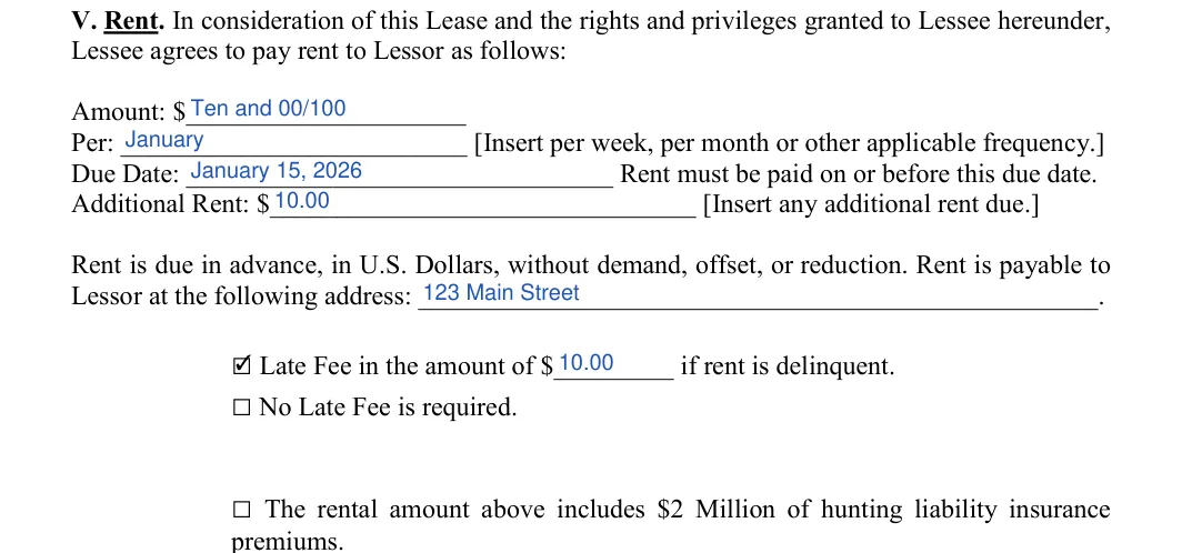 Hunting Lease Agreement: Lessee agrees to pay rent to Lessor as follows, filled with sample entries
