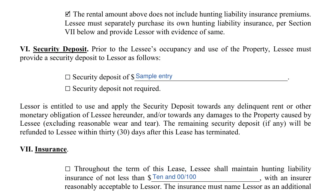 Hunting Lease Agreement: provide a security deposit to Lessor as follows, filled with sample entries