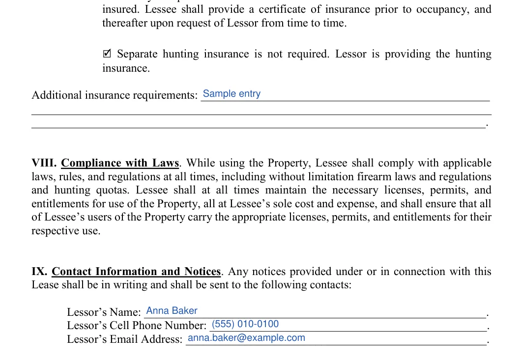 Hunting Lease Agreement: Initial, Additional insurance requirements, filled with sample entries