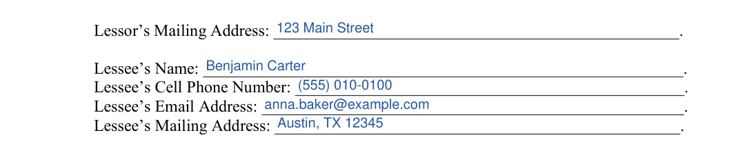Hunting Lease Agreement: Lessor's mailing address, Lessee's name and more, filled with sample entries
