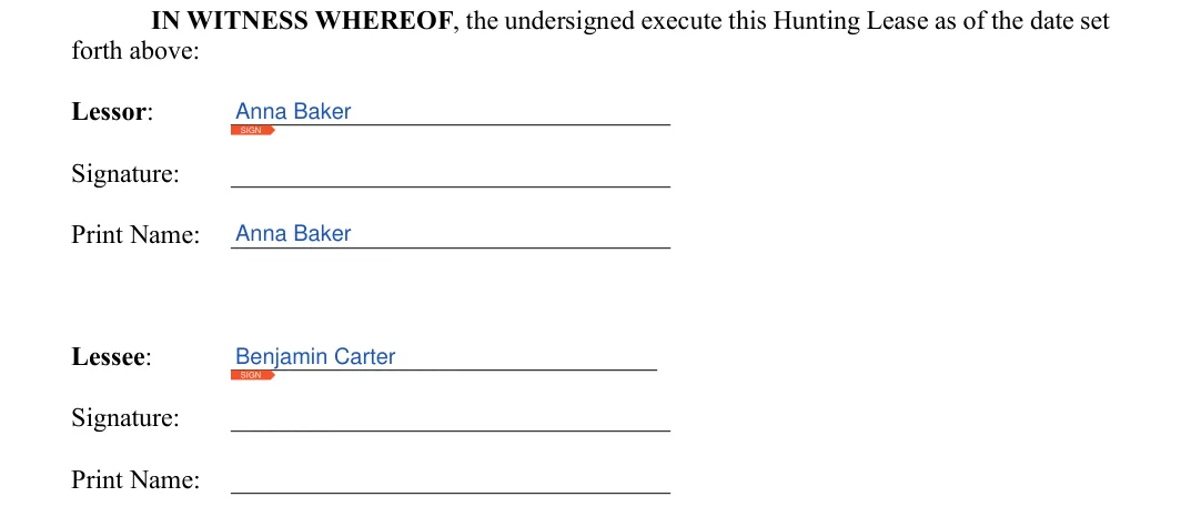 Hunting Lease Agreement: forth above, filled with sample entries