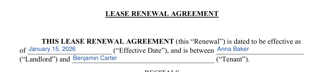 Lease Renewal Agreement: LEASE RENEWAL AGREEMENT, filled with sample entries