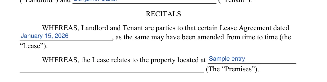Lease Renewal Agreement: RECITALS, filled with sample entries