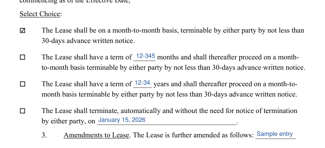 Lease Renewal Agreement: Select Choice, filled with sample entries