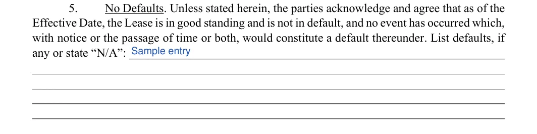 Lease Renewal Agreement: Defaults, filled with sample entries