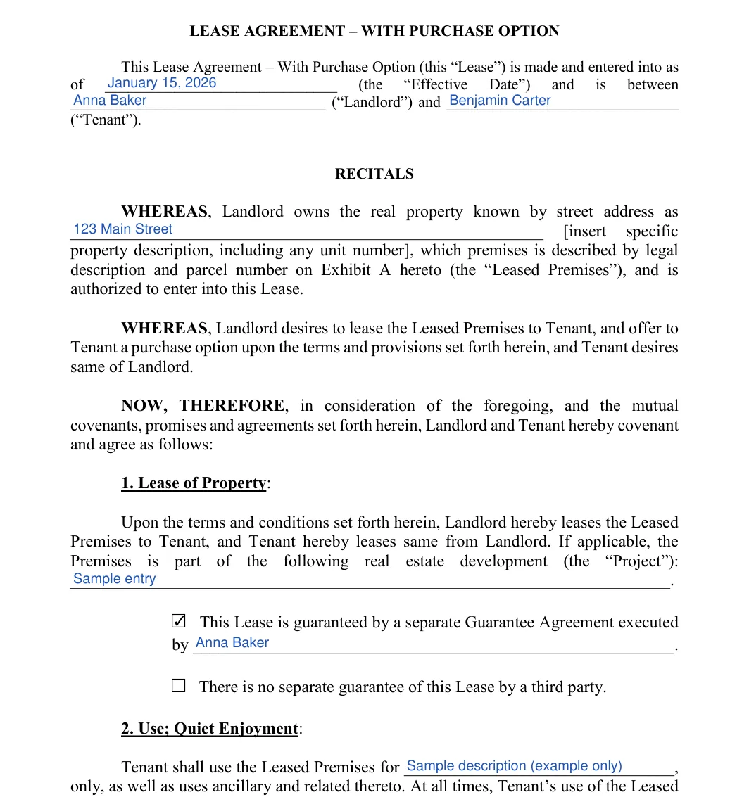 Lease to Own Agreement: LEASE AGREEMENT – WITH PURCHASE OPTION, filled with sample entries