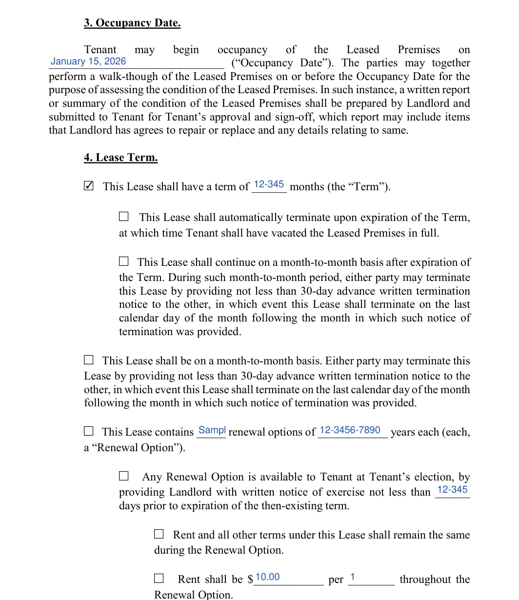 Lease to Own Agreement: 3. Occupancy Date, filled with sample entries