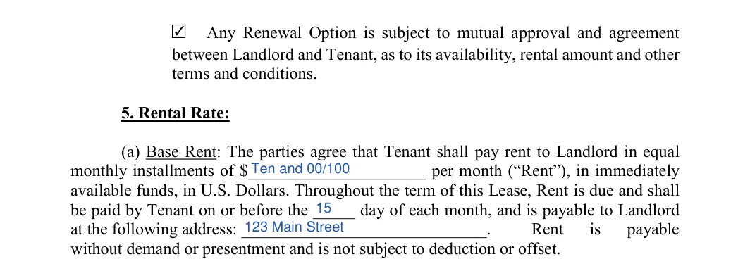 Lease to Own Agreement: 5. Rental Rate, filled with sample entries