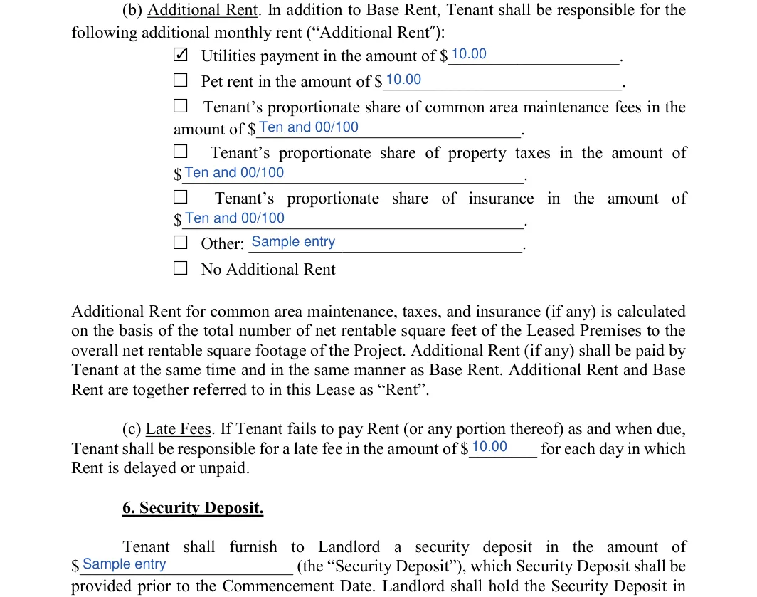 Lease to Own Agreement: following additional monthly rent (“Additional Rent ”), filled with sample entries
