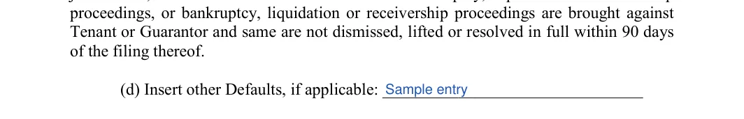 Lease to Own Agreement: Other defaults, filled with sample entries