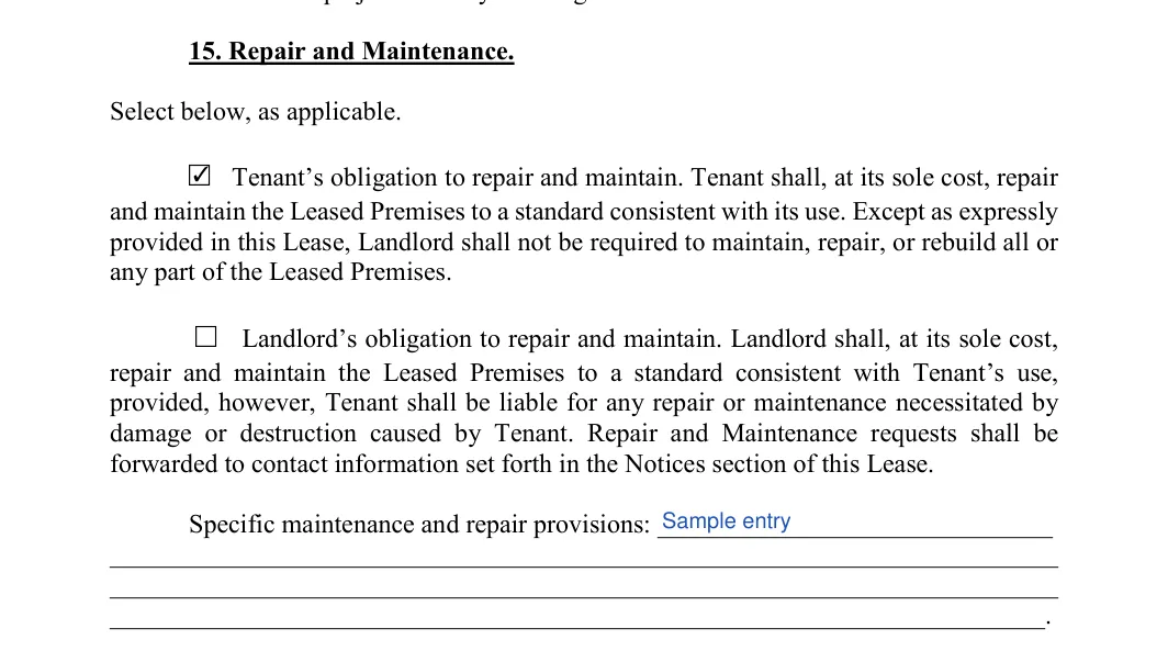 Lease to Own Agreement: 15. Repair and Maintenance, filled with sample entries