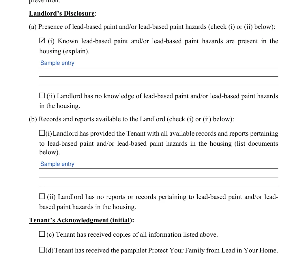 Lease to Own Agreement: Landlord’s Disclosure, filled with sample entries