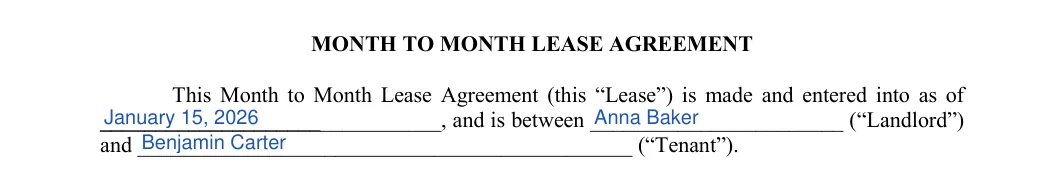 Month-to-Month Rental Agreement: MONTH TO MONTH LEASE AGREEMENT, filled with sample entries