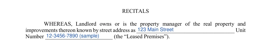 Month-to-Month Rental Agreement: RECITALS, filled with sample entries