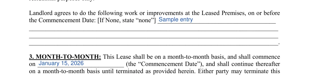 Month-to-Month Rental Agreement: Work or improvements, Commencement date, filled with sample entries