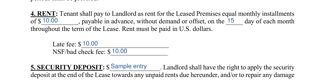 Month-to-Month Rental Agreement: Sum, Day and more, filled with sample entries