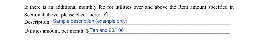 Month-to-Month Rental Agreement: Section 4 above, please check here: □, filled with sample entries