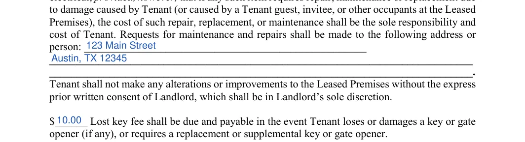 Month-to-Month Rental Agreement: Address or person, Lost key fee, filled with sample entries