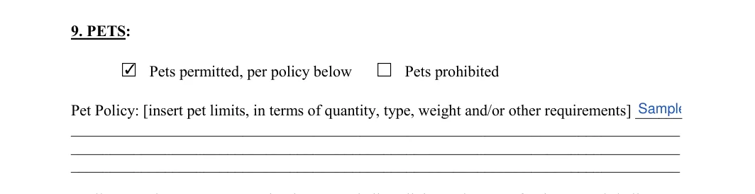 Month-to-Month Rental Agreement: 9. PETS, filled with sample entries