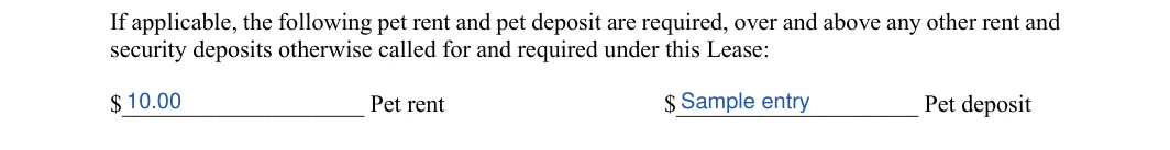 Month-to-Month Rental Agreement: Pet rent, Pet deposit, filled with sample entries