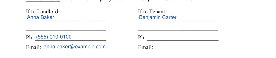 Month-to-Month Rental Agreement: If to Landlord, filled with sample entries