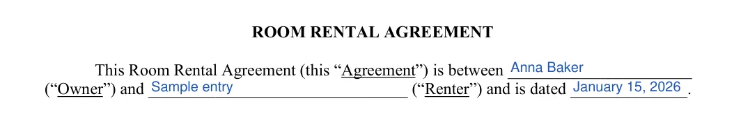 Room Rental Agreement: ROOM RENTAL AGREEMENT, filled with sample entries