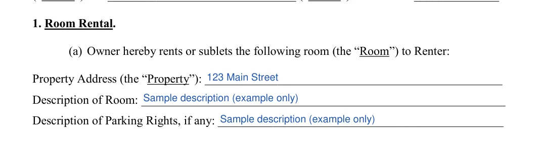 Room Rental Agreement: 1. Room Rental, filled with sample entries