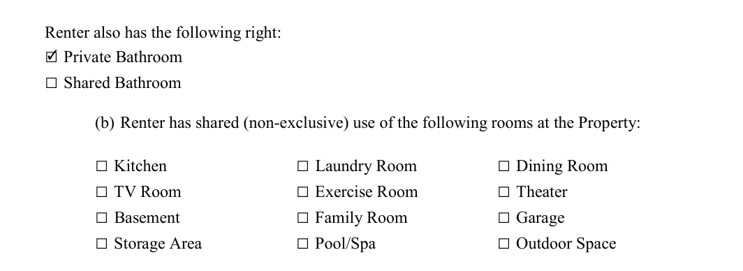 Room Rental Agreement: Renter also has the following right, filled with sample entries