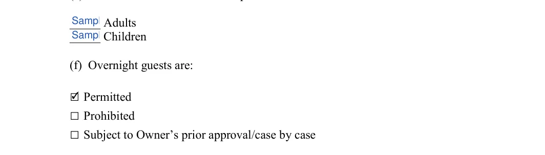Room Rental Agreement: (f) Overnight guests are, filled with sample entries