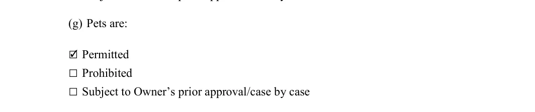 Room Rental Agreement: (g) Pets are, filled with sample entries