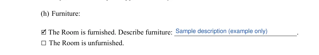 Room Rental Agreement: (h) Furniture, filled with sample entries