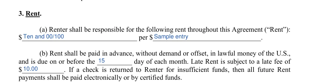 Room Rental Agreement: 3. Rent, filled with sample entries