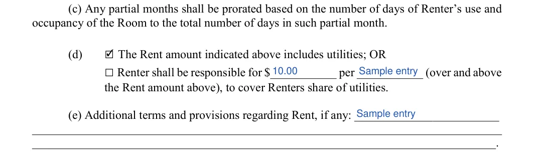 Room Rental Agreement: Initial, Sum and more, filled with sample entries